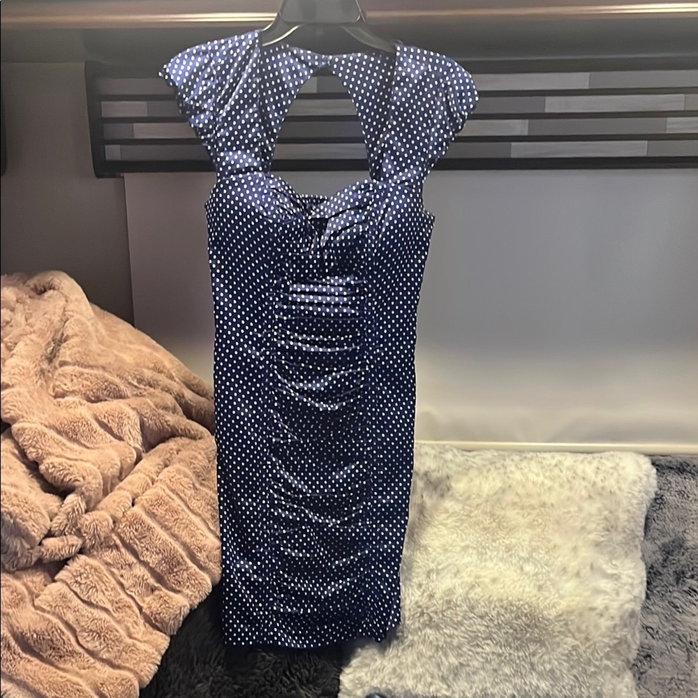 Guess Blue and White Sheath Dress with Flutter Cap Sleeves